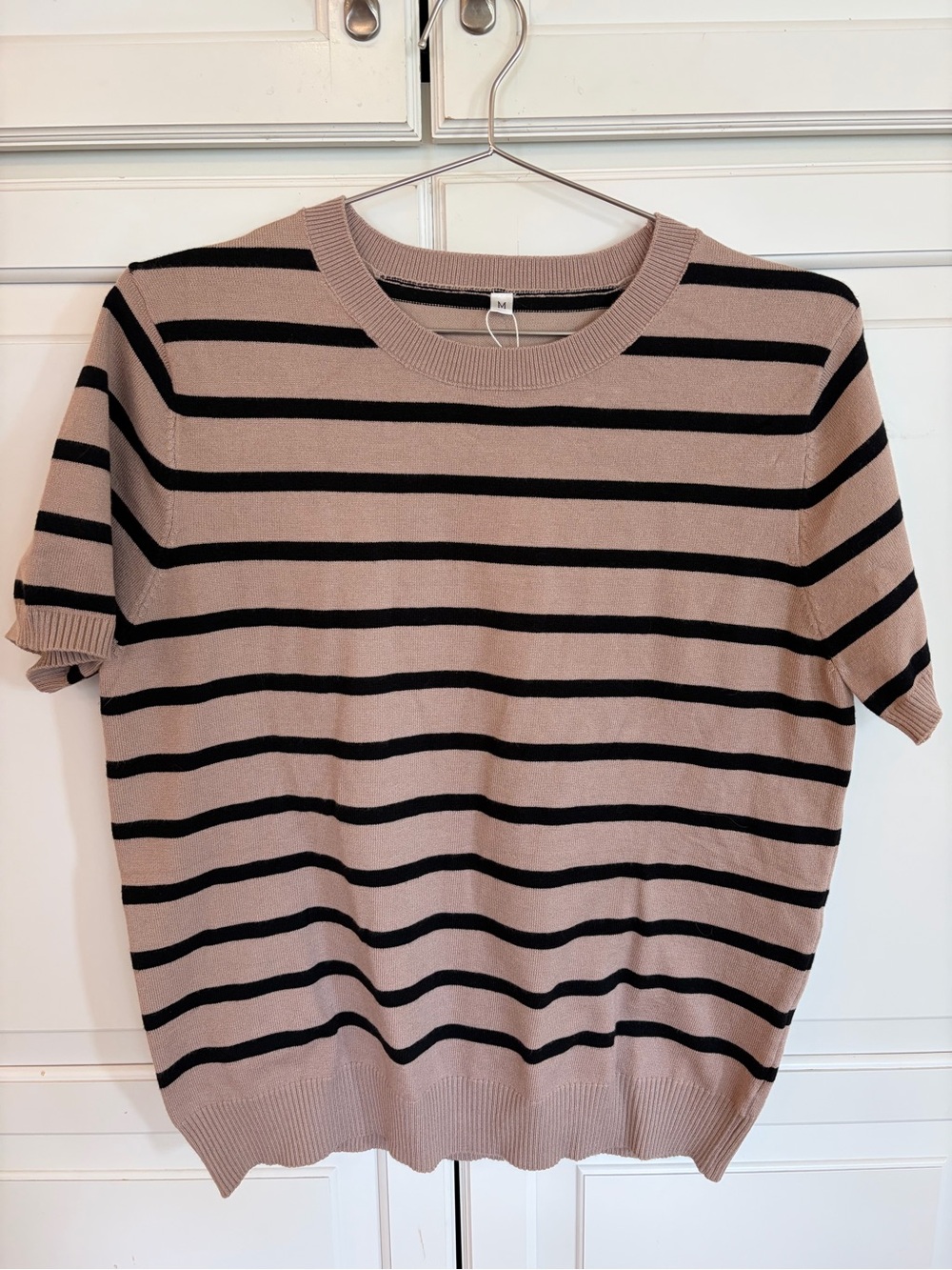 Anrabess Striped Short Sleeve Sweater - Taupe & Black size medium